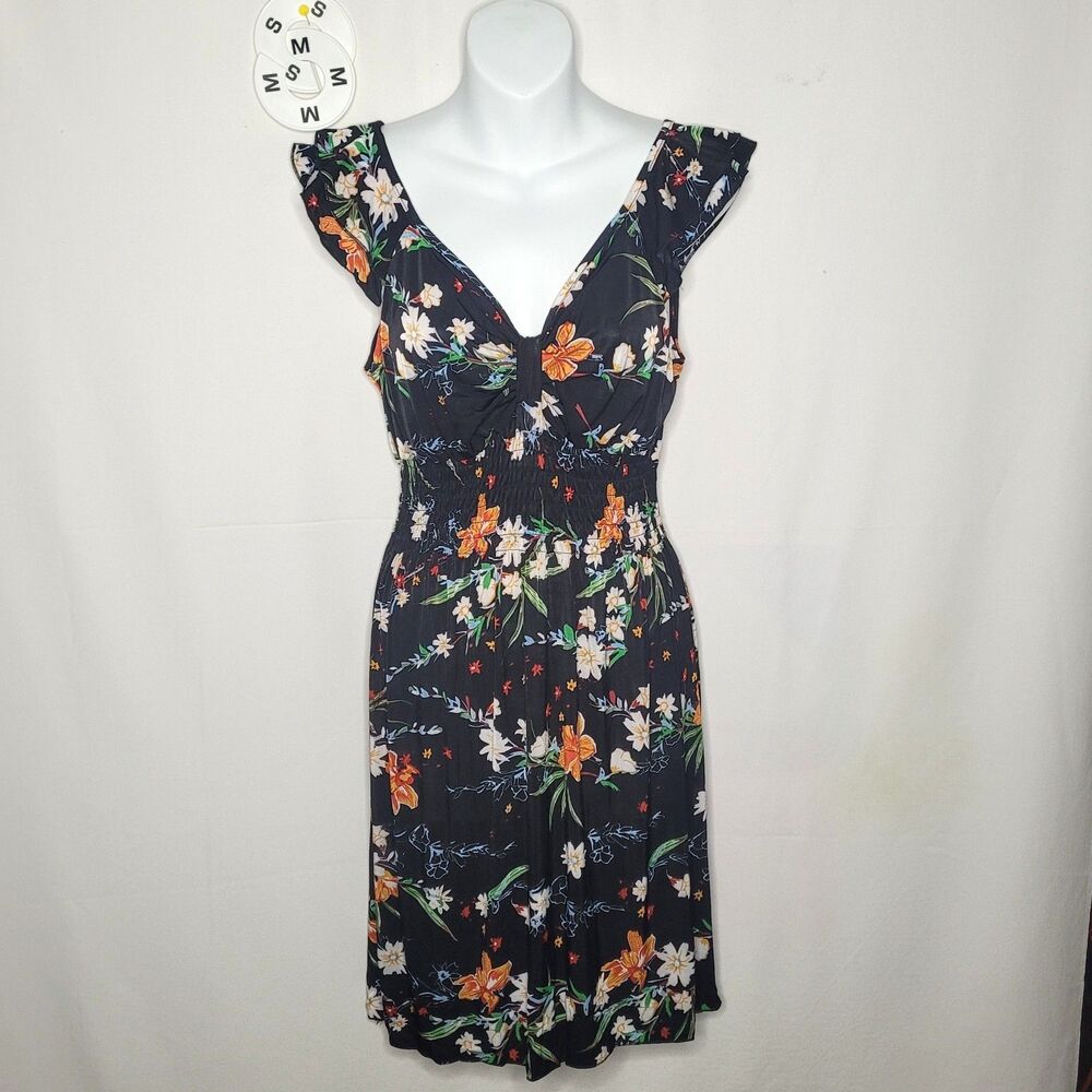 NWT Black Tropical Floral Smocked Dress Size Medium Cap Sleeve A-Line Mini